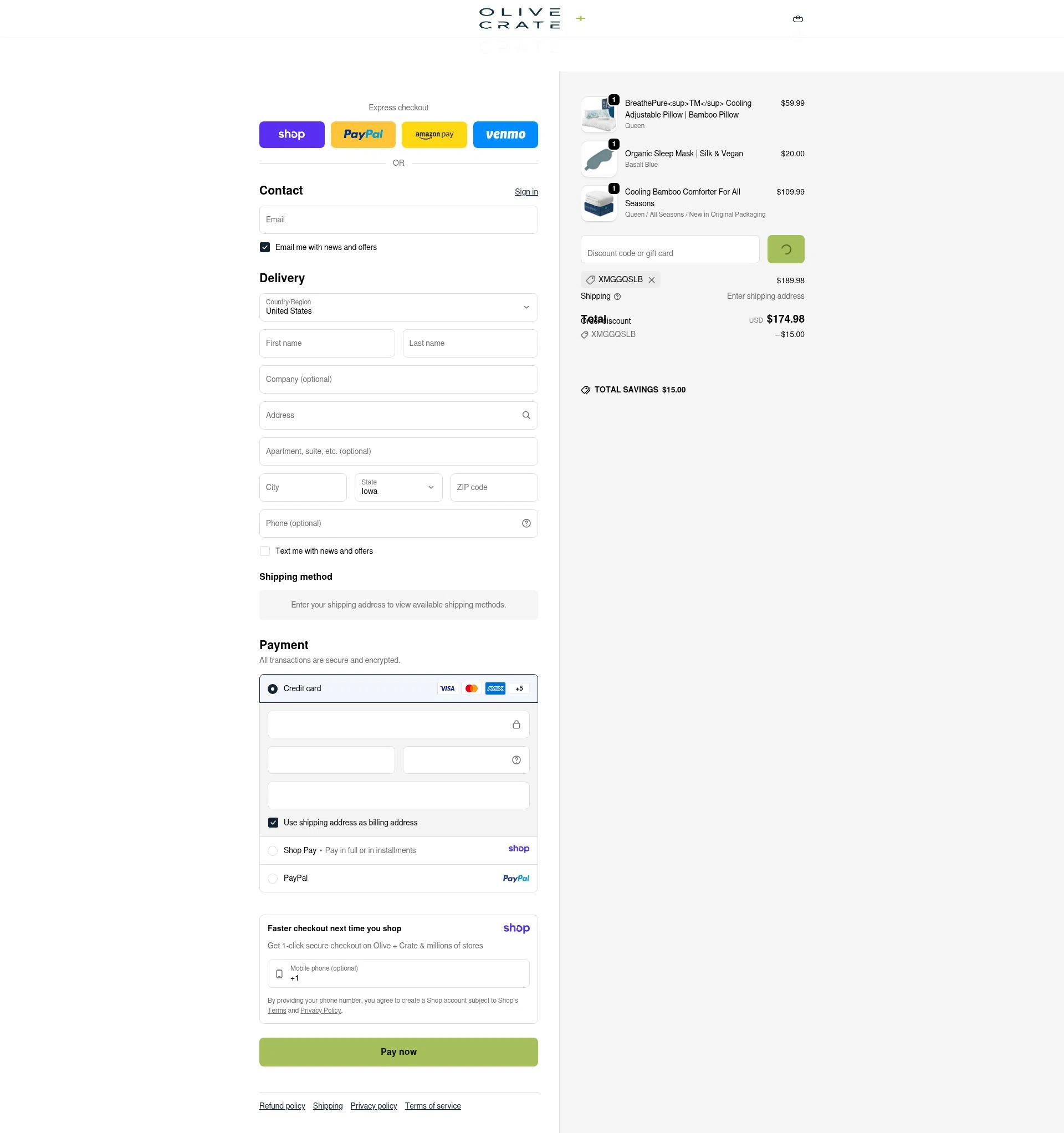 Olive and Crate checkout page showing Olive and Crate discount code box | Screenshot taken by SimplyCodes community member on Jan 13, 2026