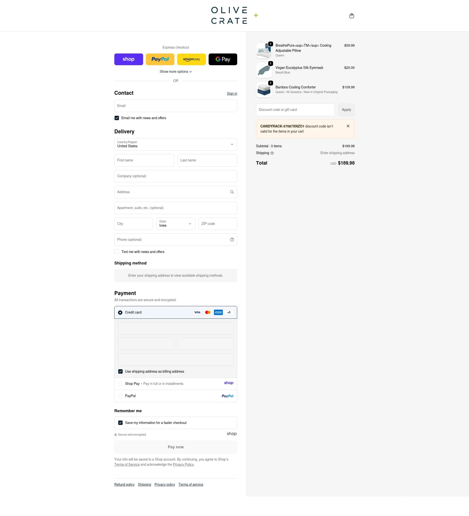 Olive and Crate checkout page showing Olive and Crate discount code box | Screenshot taken by SimplyCodes community member on Jan 8, 2026