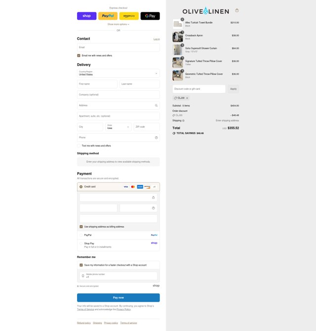 Olive and Linen checkout page showing Olive and Linen discount code box | Screenshot taken by SimplyCodes community member on Sep 3, 2025