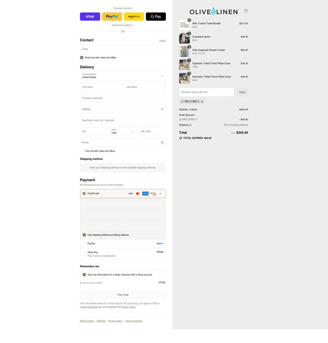Olive and Linen checkout page showing Olive and Linen discount code box | Screenshot taken by SimplyCodes community member on Sep 3, 2025