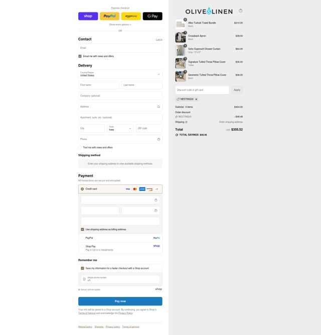 Olive and Linen checkout page showing Olive and Linen discount code box | Screenshot taken by SimplyCodes community member on Sep 3, 2025