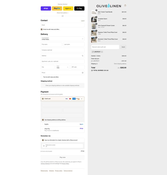 Olive and Linen checkout page showing Olive and Linen discount code box | Screenshot taken by SimplyCodes community member on Sep 3, 2025