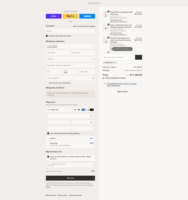 Olivela checkout page showing Olivela promo code box | Screenshot taken by SimplyCodes community member on Sep 3, 2025