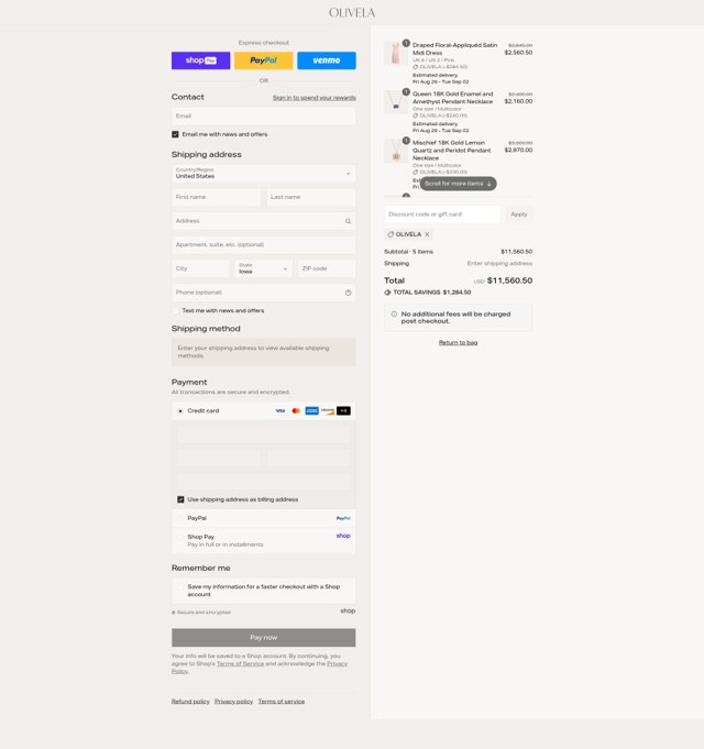 Olivela checkout page showing Olivela promo code box | Screenshot taken by SimplyCodes community member on Aug 26, 2025