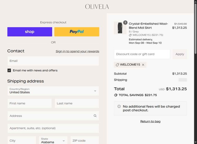 Olivela checkout page showing Olivela promo code box | Screenshot taken by SimplyCodes community member on Sep 3, 2025