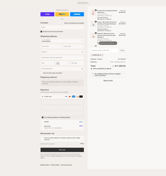Olivela checkout page showing Olivela promo code box | Screenshot taken by SimplyCodes community member on Aug 30, 2025