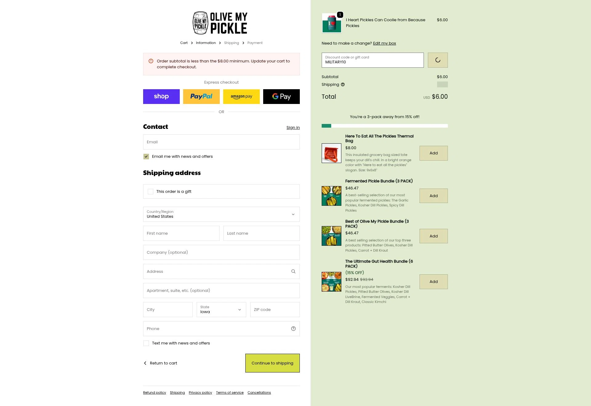 Olive My Pickle checkout page showing Olive My Pickle discount code box | Screenshot taken by SimplyCodes community member on Jan 31, 2026