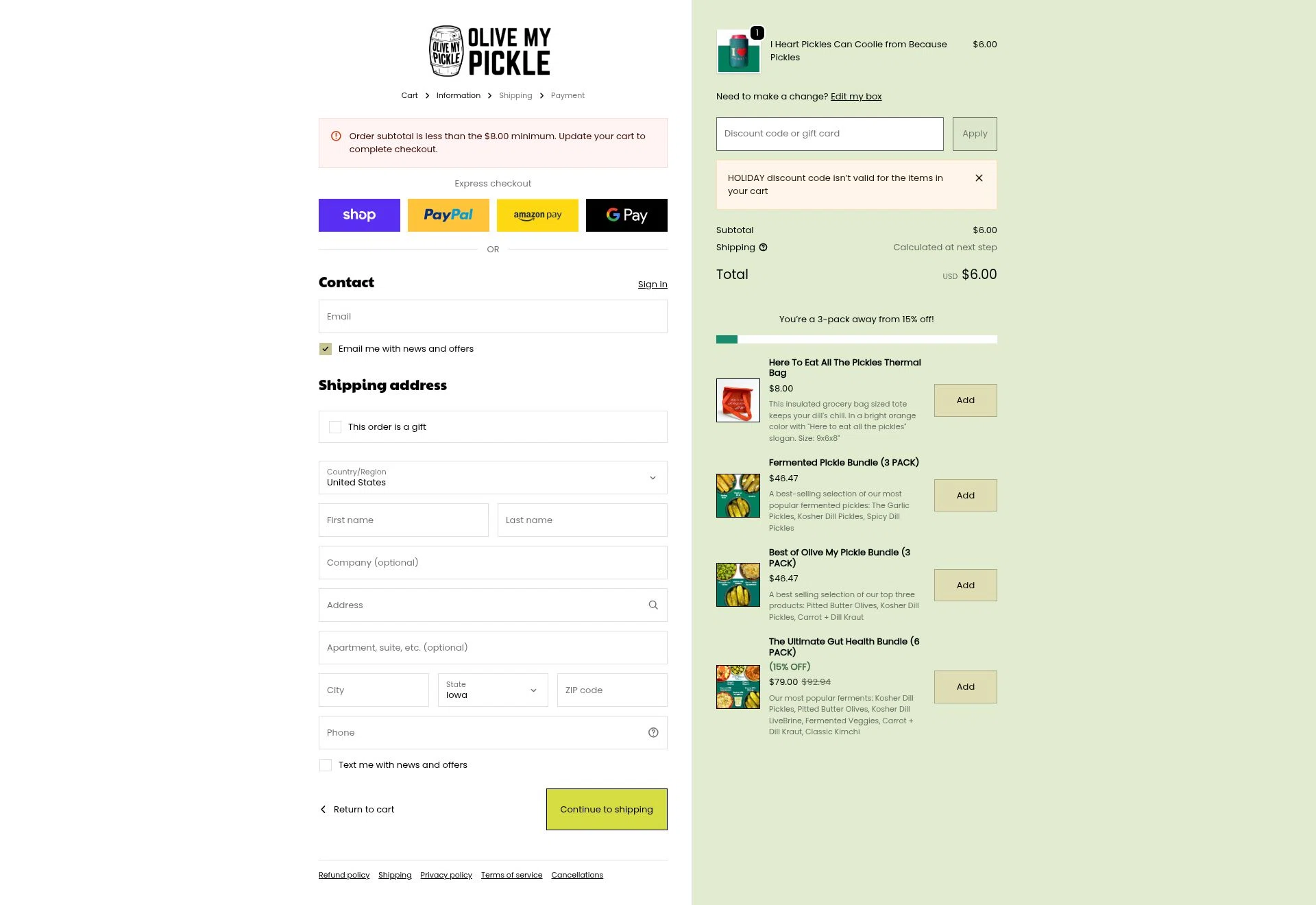 Olive My Pickle checkout page showing Olive My Pickle discount code box | Screenshot taken by SimplyCodes community member on Jan 31, 2026