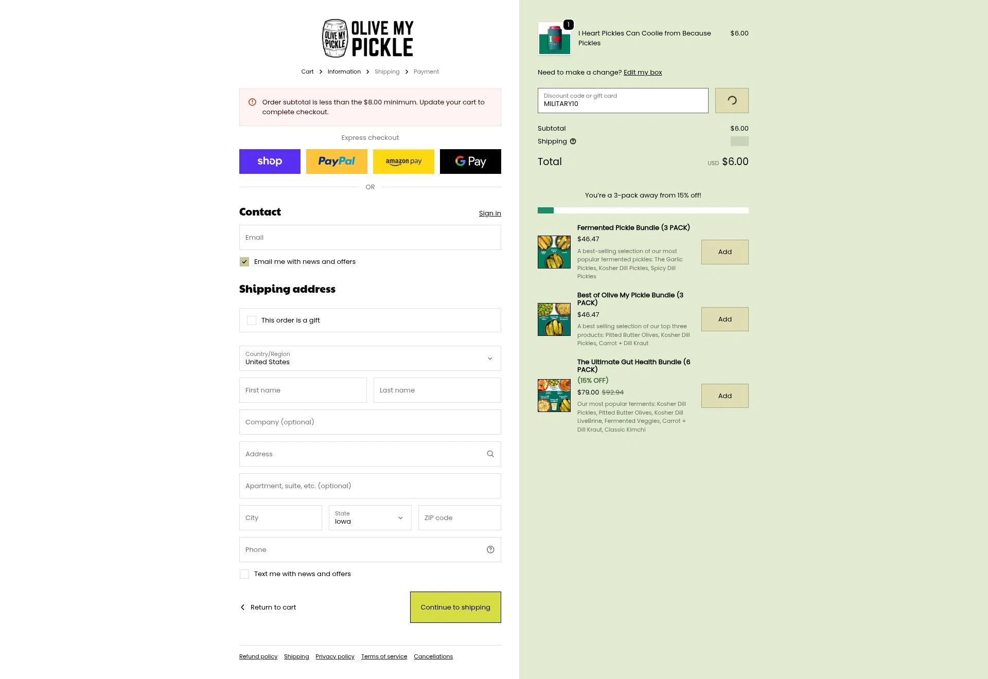 Olive My Pickle checkout page showing Olive My Pickle discount code box | Screenshot taken by SimplyCodes community member on Jan 26, 2026