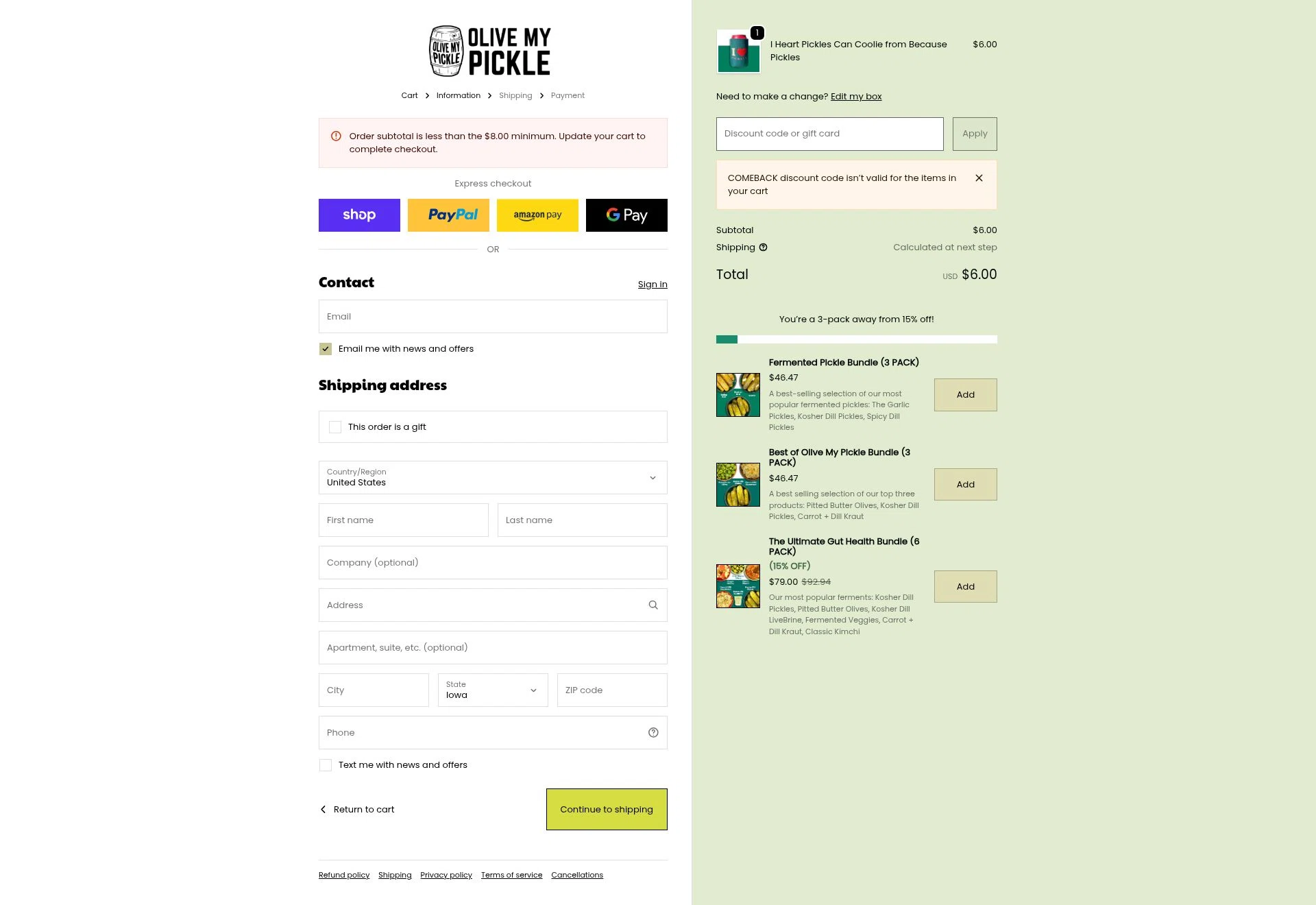Olive My Pickle checkout page showing Olive My Pickle discount code box | Screenshot taken by SimplyCodes community member on Jan 26, 2026