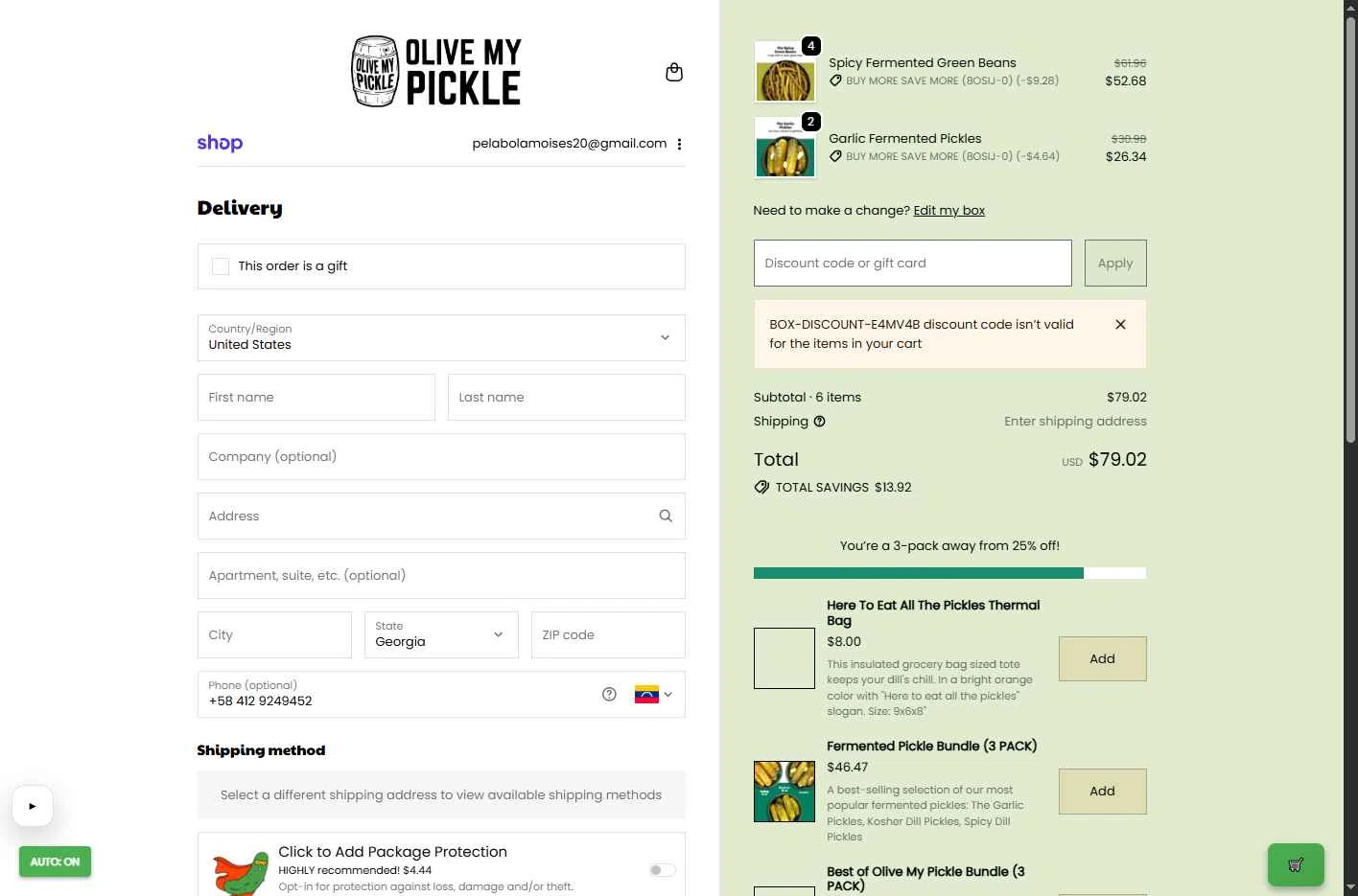 Olive My Pickle checkout page showing Olive My Pickle discount code box | Screenshot taken by SimplyCodes community member on Jan 28, 2026