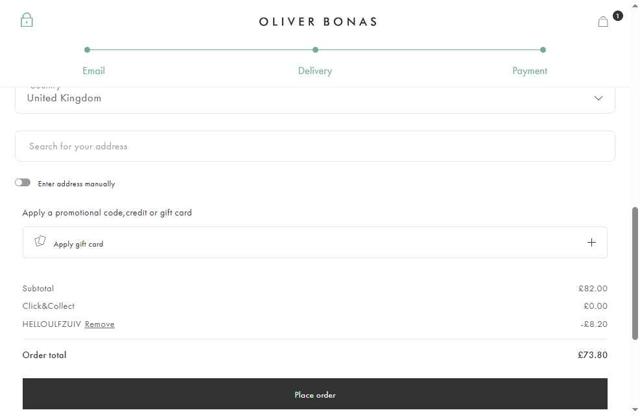 Oliver Bonas checkout page showing Oliver Bonas discount code box | Screenshot taken by SimplyCodes community member on Aug 30, 2025
