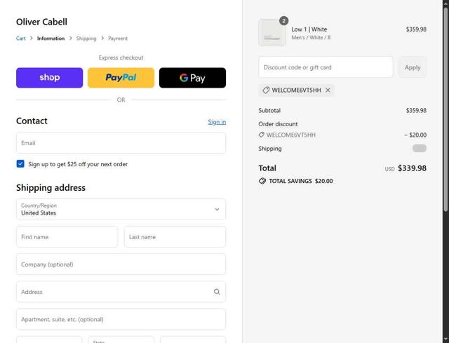 Oliver Cabell checkout page showing Oliver Cabell discount code box | Screenshot taken by SimplyCodes community member on Sep 14, 2025