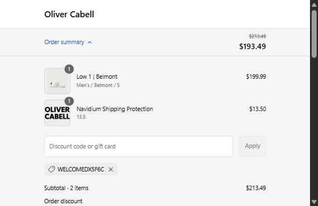 Oliver Cabell checkout page showing Oliver Cabell discount code box | Screenshot taken by SimplyCodes community member on Sep 10, 2025