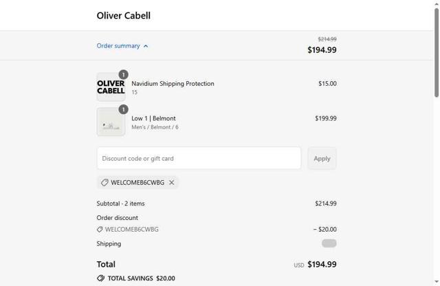 Oliver Cabell checkout page showing Oliver Cabell discount code box | Screenshot taken by SimplyCodes community member on Sep 10, 2025