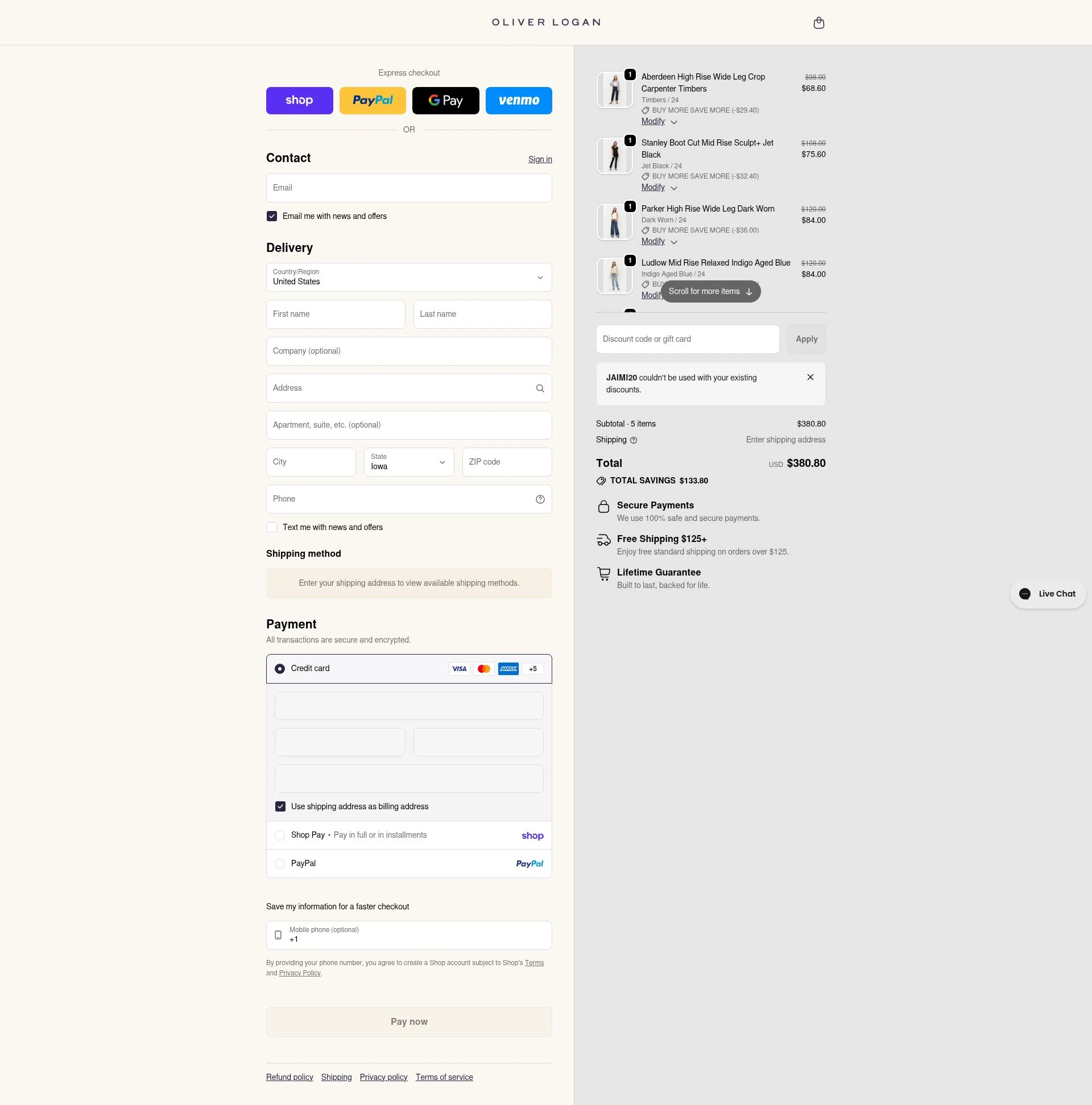 Oliver Logan checkout page showing Oliver Logan discount code box | Screenshot taken by SimplyCodes community member on Feb 17, 2026