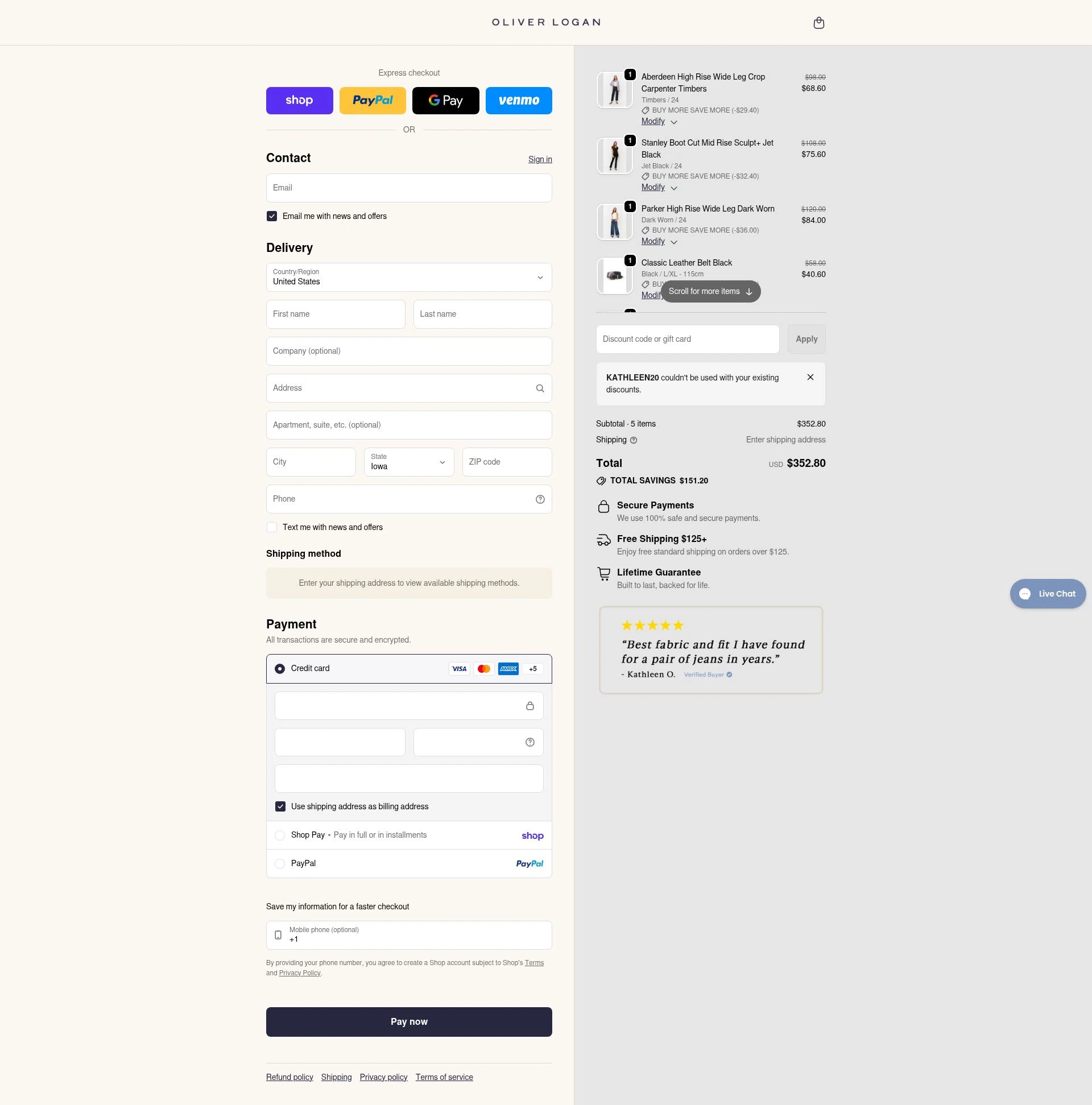 Oliver Logan checkout page showing Oliver Logan discount code box | Screenshot taken by SimplyCodes community member on Feb 4, 2026