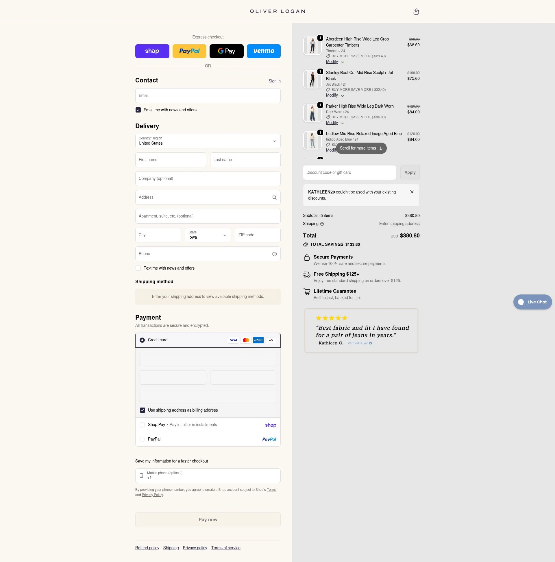 Oliver Logan checkout page showing Oliver Logan discount code box | Screenshot taken by SimplyCodes community member on Feb 11, 2026