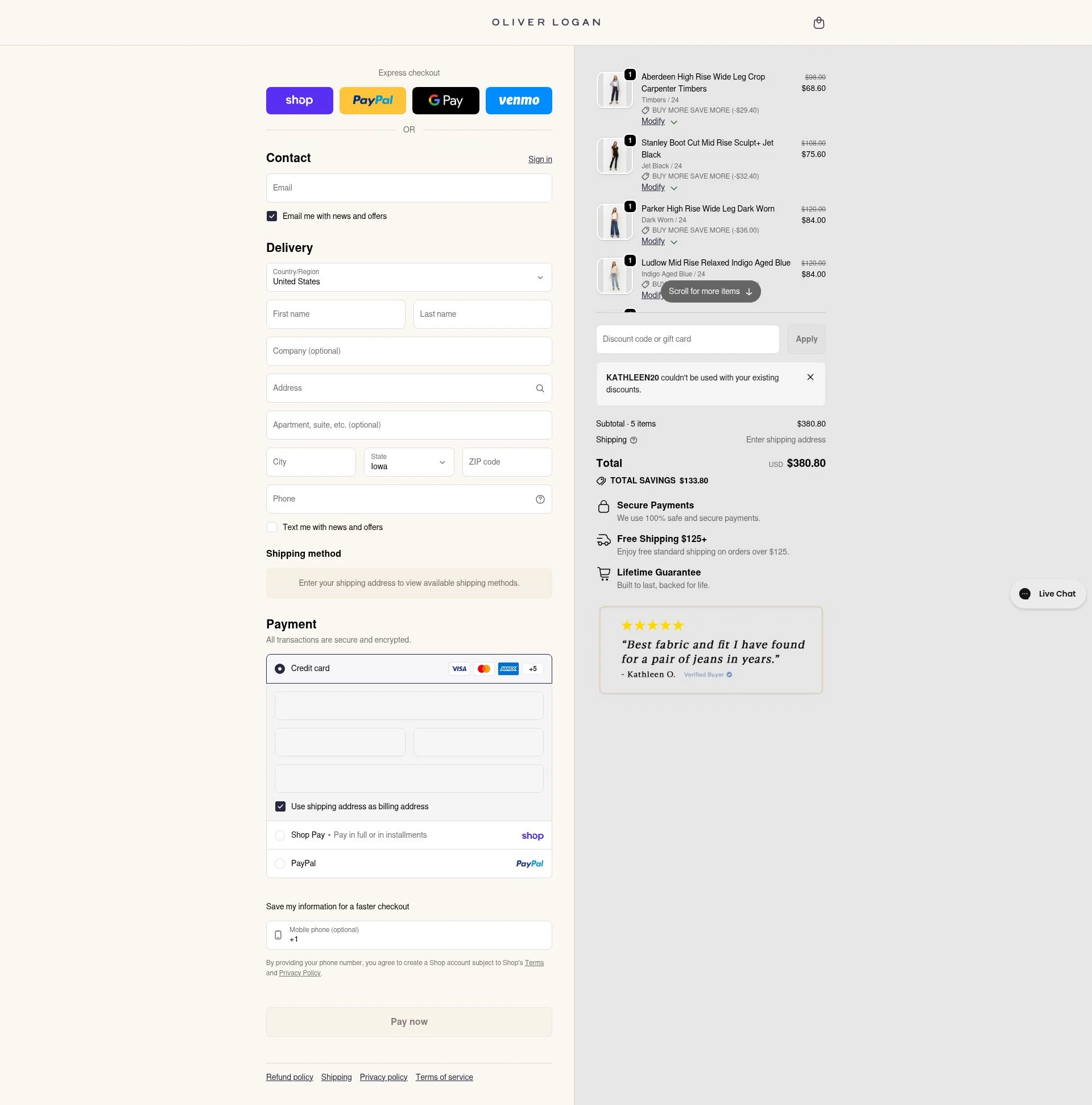 Oliver Logan checkout page showing Oliver Logan discount code box | Screenshot taken by SimplyCodes community member on Feb 17, 2026