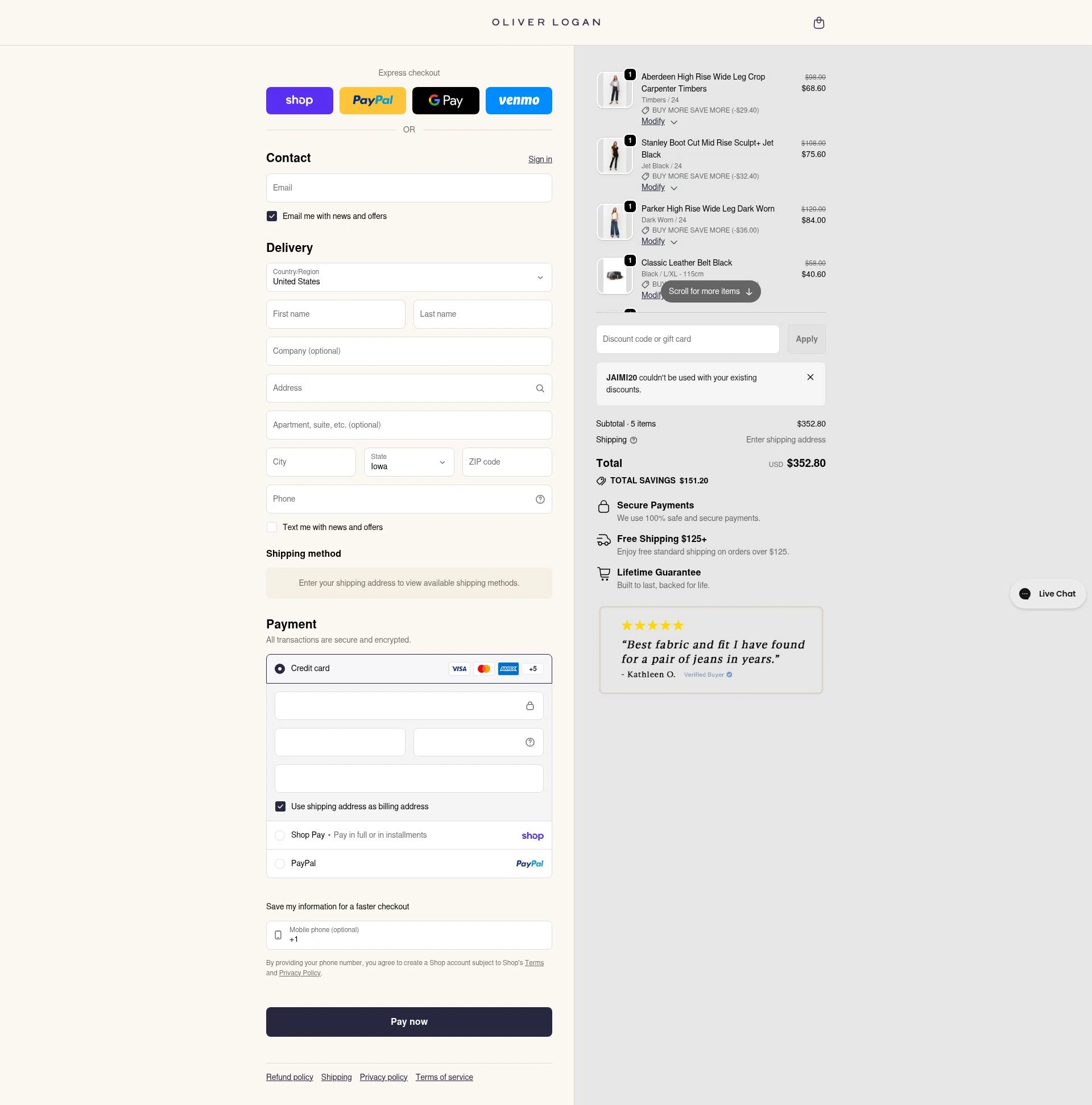 Oliver Logan checkout page showing Oliver Logan discount code box | Screenshot taken by SimplyCodes community member on Feb 8, 2026