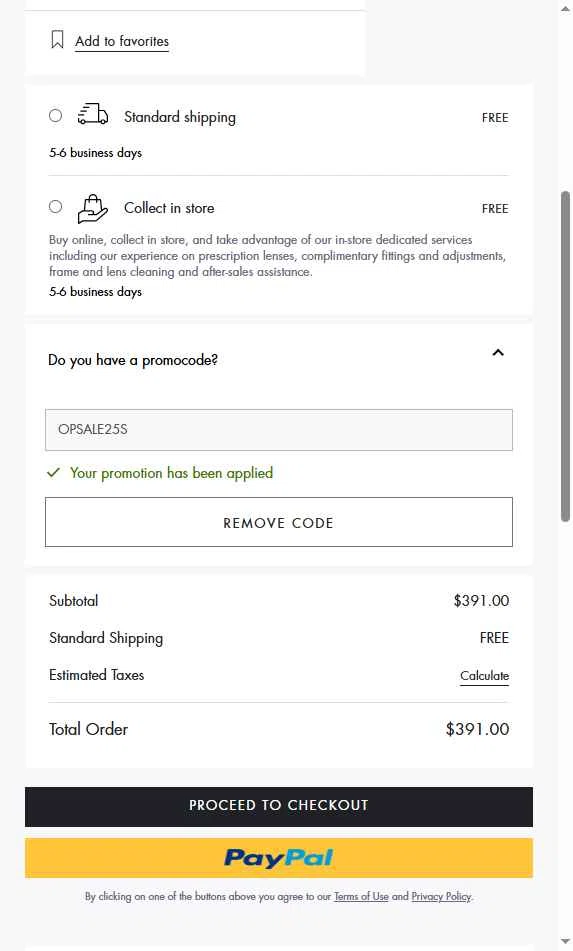Oliver Peoples checkout page showing Oliver Peoples promo code box | Screenshot taken by SimplyCodes community member on Apr 21, 2025