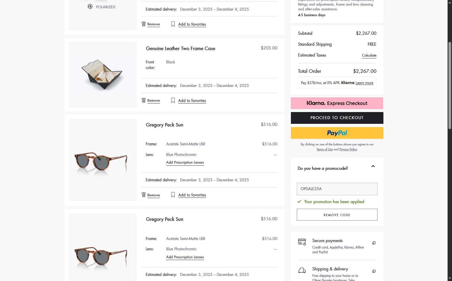 Oliver Peoples checkout page showing Oliver Peoples promo code box | Screenshot taken by SimplyCodes community member on Nov 27, 2025