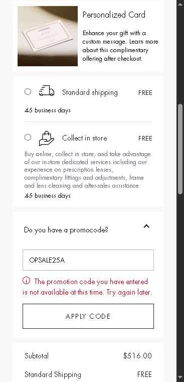 Oliver Peoples checkout page showing Oliver Peoples promo code box | Screenshot taken by SimplyCodes community member on Dec 12, 2025