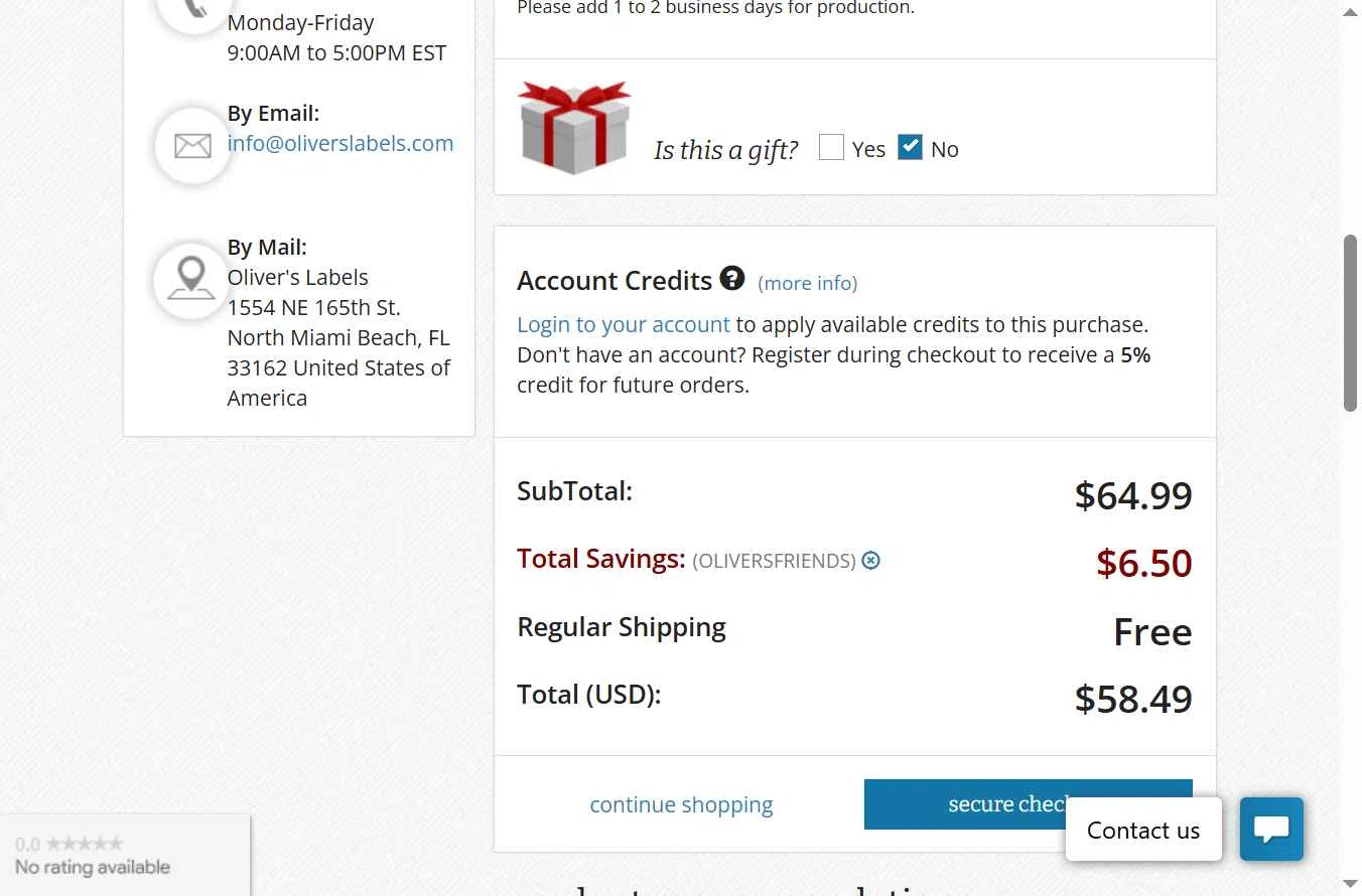 Oliver's Labels checkout page showing Oliver's Labels promo code box | Screenshot taken by SimplyCodes community member on May 11, 2025