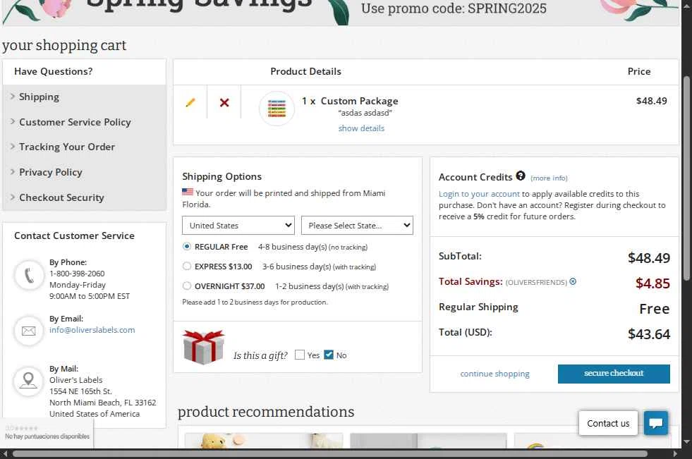 Oliver's Labels checkout page showing Oliver's Labels promo code box | Screenshot taken by SimplyCodes community member on May 11, 2025