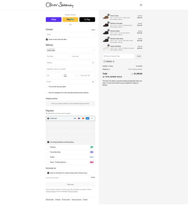 Oliver Sweeney checkout page showing Oliver Sweeney discount code box | Screenshot taken by SimplyCodes community member on Sep 8, 2025