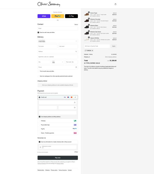 Oliver Sweeney checkout page showing Oliver Sweeney discount code box | Screenshot taken by SimplyCodes community member on Sep 11, 2025