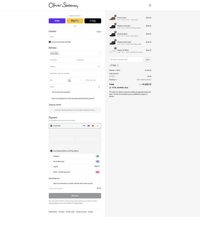 Oliver Sweeney checkout page showing Oliver Sweeney discount code box | Screenshot taken by SimplyCodes community member on Sep 11, 2025