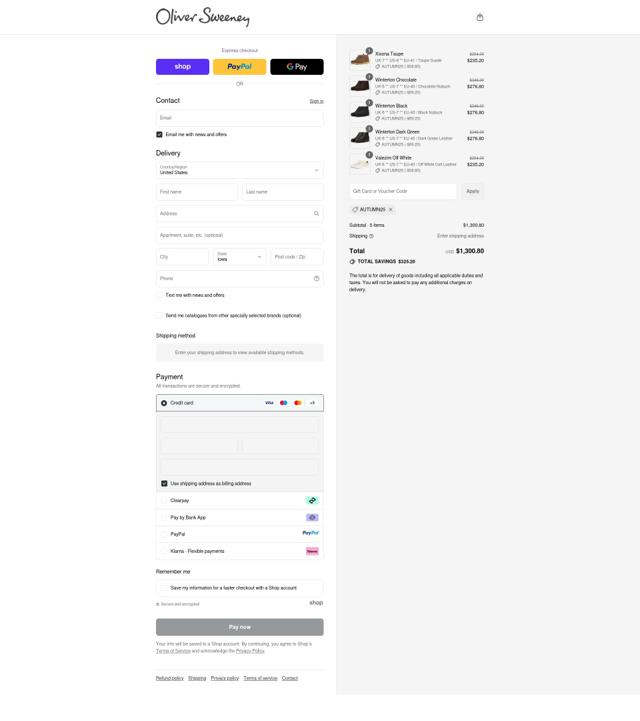 Oliver Sweeney checkout page showing Oliver Sweeney discount code box | Screenshot taken by SimplyCodes community member on Sep 11, 2025
