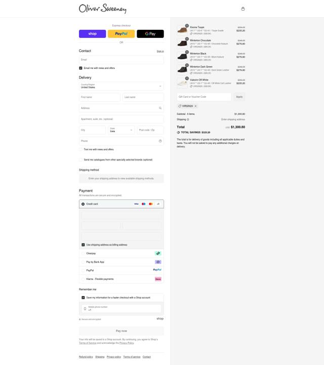 Oliver Sweeney checkout page showing Oliver Sweeney discount code box | Screenshot taken by SimplyCodes community member on Sep 11, 2025