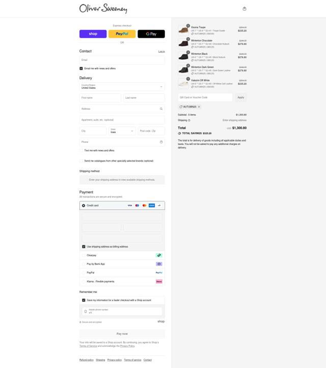 Oliver Sweeney checkout page showing Oliver Sweeney discount code box | Screenshot taken by SimplyCodes community member on Sep 3, 2025