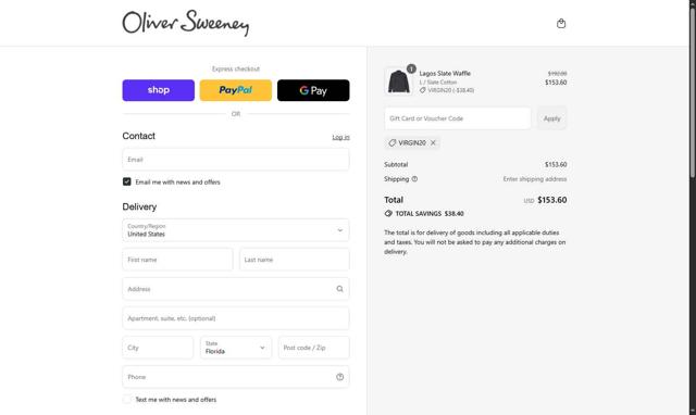 Oliver Sweeney checkout page showing Oliver Sweeney discount code box | Screenshot taken by SimplyCodes community member on Sep 6, 2025