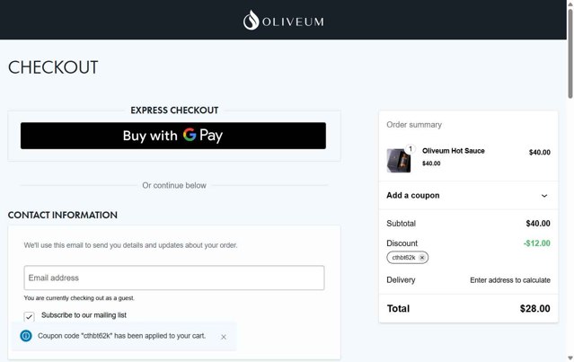 Oliveum checkout page showing Oliveum promo code box | Screenshot taken by SimplyCodes community member on Jul 21, 2025