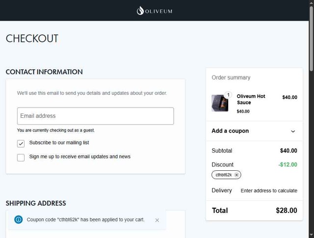 Oliveum checkout page showing Oliveum promo code box | Screenshot taken by SimplyCodes community member on Jul 21, 2025