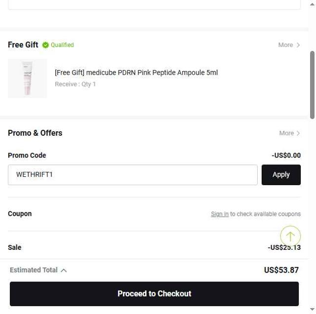 OLIVE YOUNG Global checkout page showing OLIVE YOUNG Global promo code box | Screenshot taken by SimplyCodes community member on Sep 14, 2025