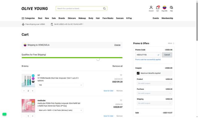 OLIVE YOUNG Global checkout page showing OLIVE YOUNG Global promo code box | Screenshot taken by SimplyCodes community member on Sep 15, 2025