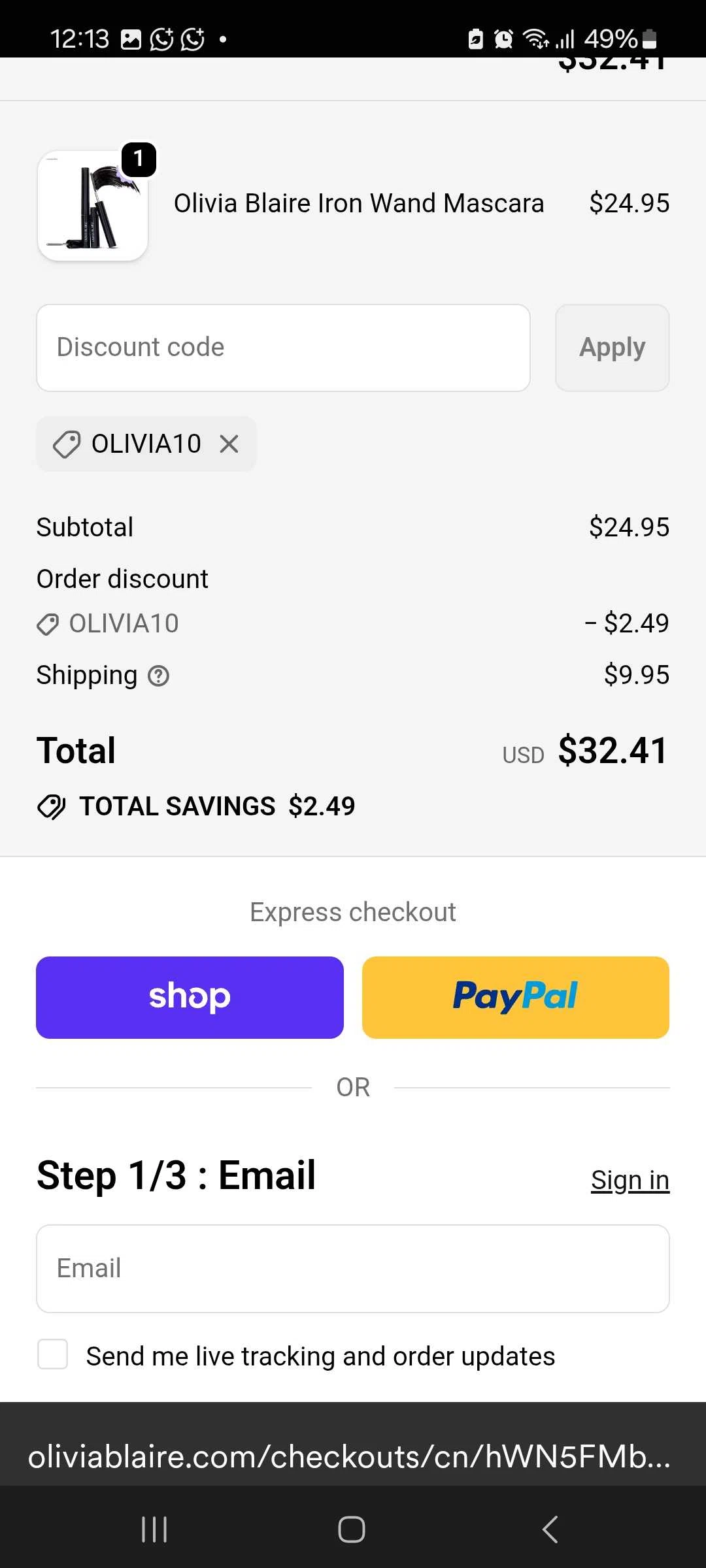 Olivia Blaire discount code screenshot showing code OLIVIA10 applied at Olivia Blaire checkout page. Uploaded by SimplyCodes community member ilmaryguerra on Nov 13, 2025