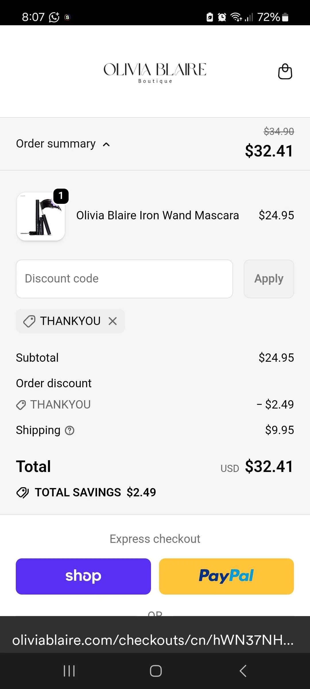 Olivia Blaire discount code screenshot showing code THANKYOU applied at Olivia Blaire checkout page. Uploaded by SimplyCodes community member ilmaryguerra on Sep 18, 2025