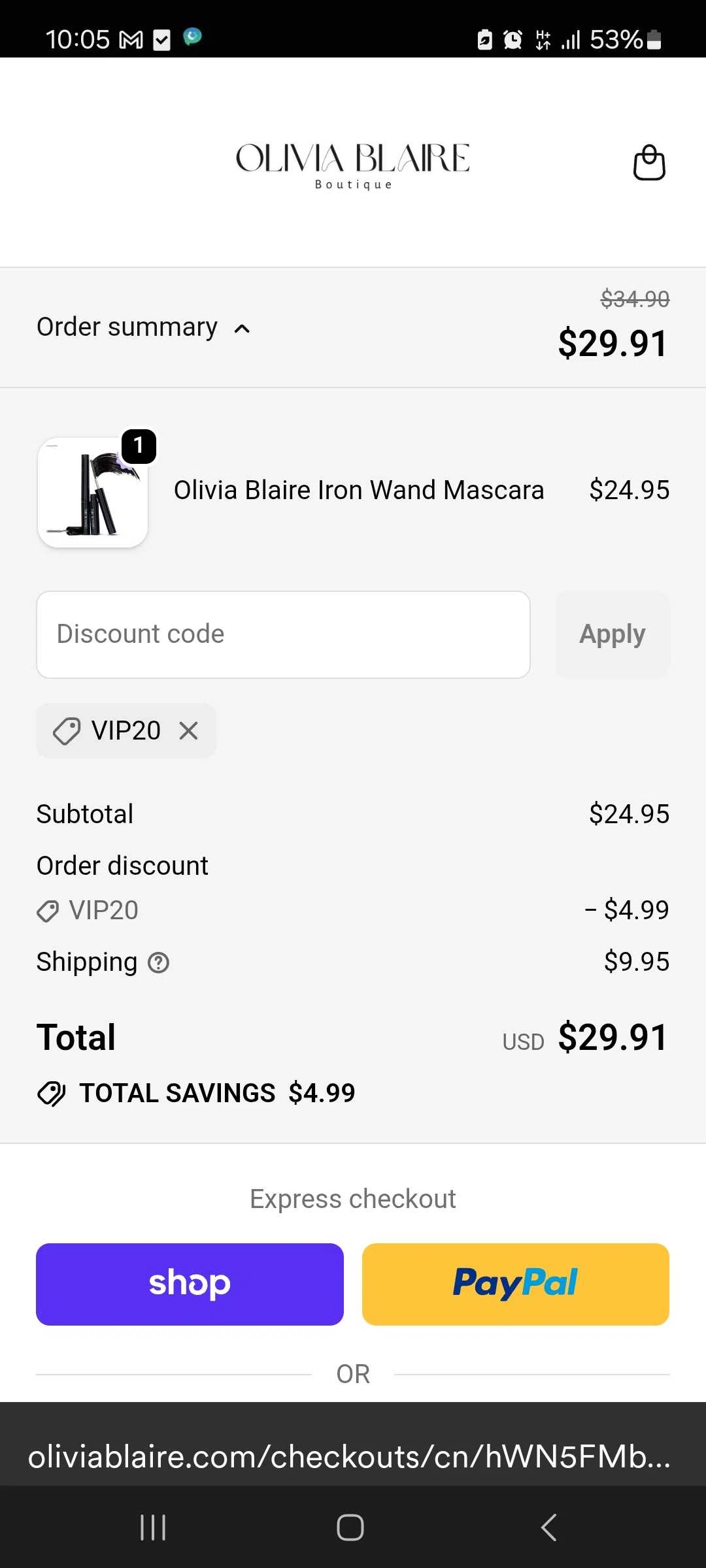 Olivia Blaire discount code screenshot showing code VIP20 applied at Olivia Blaire checkout page. Uploaded by SimplyCodes community member ilmaryguerra on Nov 13, 2025