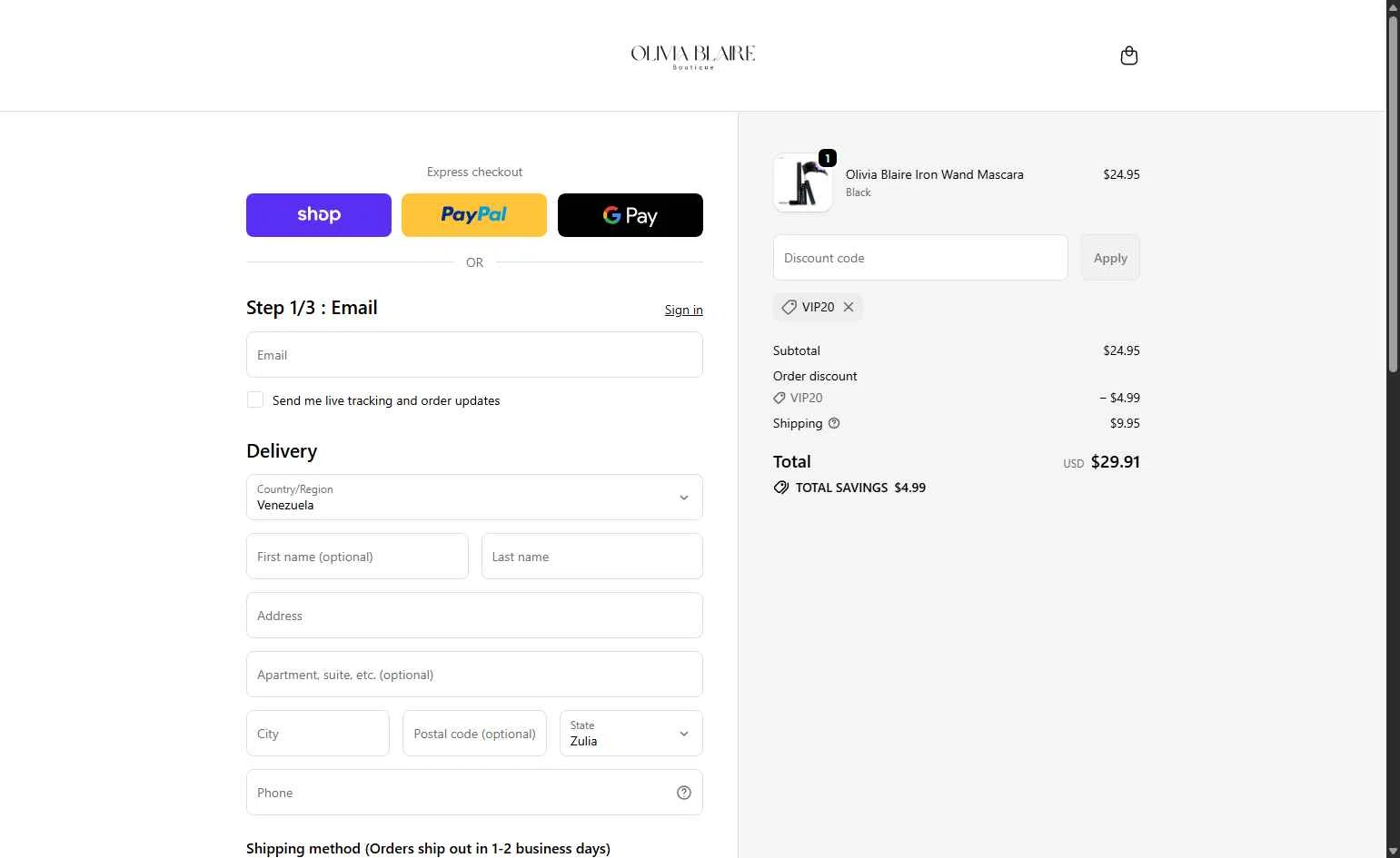 Olivia Blaire checkout page showing Olivia Blaire discount code box | Screenshot taken by SimplyCodes community member on Jan 27, 2026