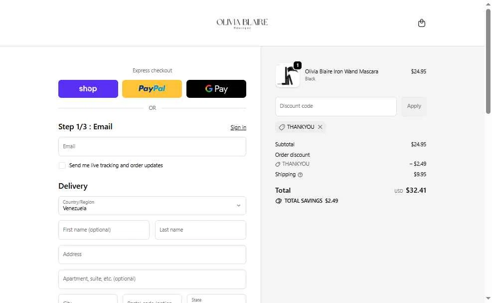 Olivia Blaire checkout page showing Olivia Blaire discount code box | Screenshot taken by SimplyCodes community member on Jan 27, 2026