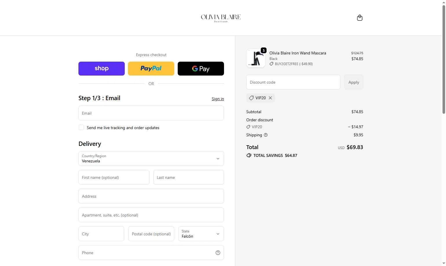 Olivia Blaire checkout page showing Olivia Blaire discount code box | Screenshot taken by SimplyCodes community member on Dec 29, 2025