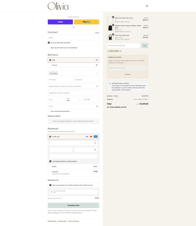 Olivia Boutique checkout page showing Olivia Boutique promo code box | Screenshot taken by SimplyCodes community member on Sep 7, 2025