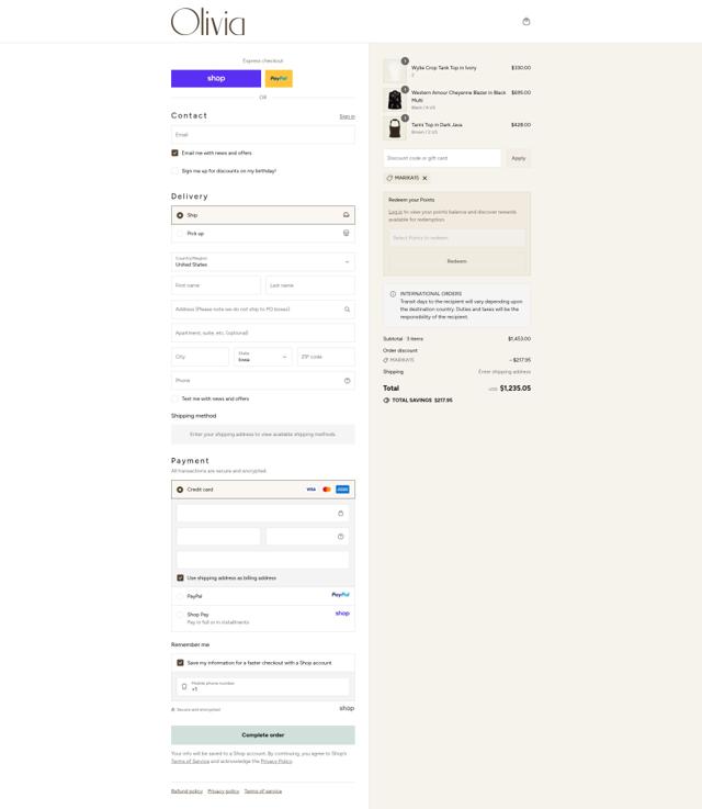 Olivia Boutique checkout page showing Olivia Boutique promo code box | Screenshot taken by SimplyCodes community member on Sep 11, 2025