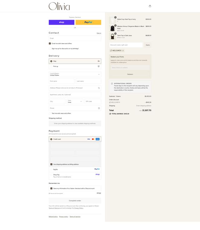 Olivia Boutique checkout page showing Olivia Boutique promo code box | Screenshot taken by SimplyCodes community member on Sep 11, 2025