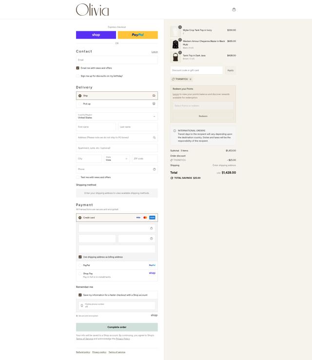 Olivia Boutique checkout page showing Olivia Boutique promo code box | Screenshot taken by SimplyCodes community member on Sep 9, 2025